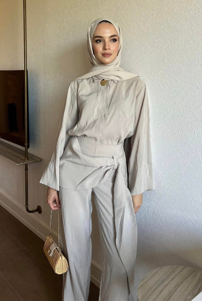 wide sleeve shirt, trouser with tied detail co-ord set