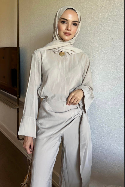 wide sleeve shirt, trouser with tied detail co-ord set