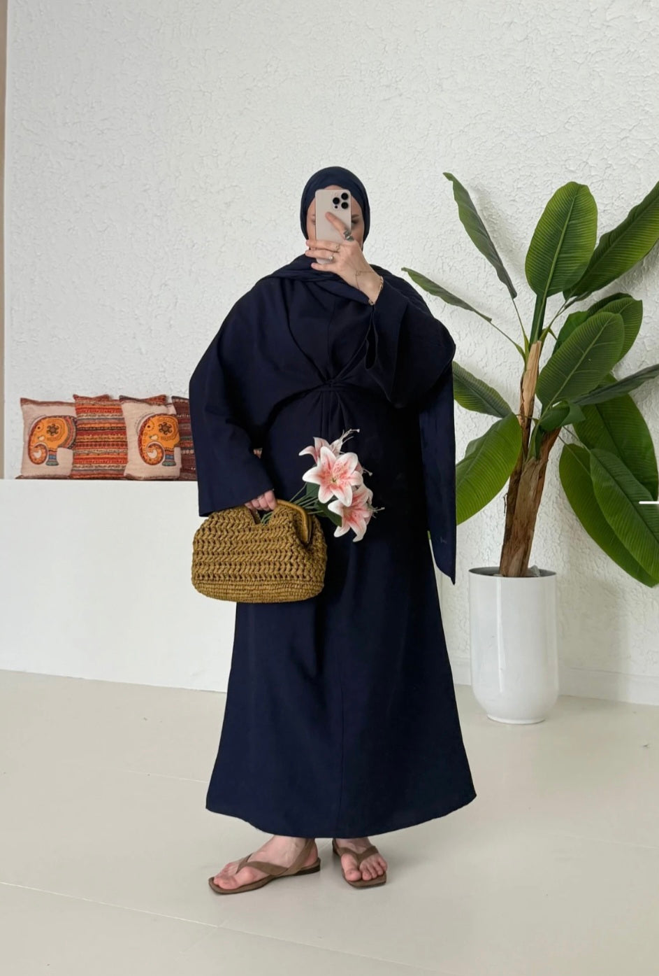 Wide sleeve belted linen dress