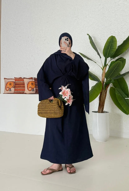 Wide sleeve belted linen dress