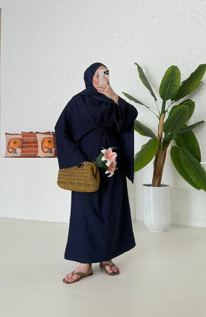 Wide sleeve belted linen dress