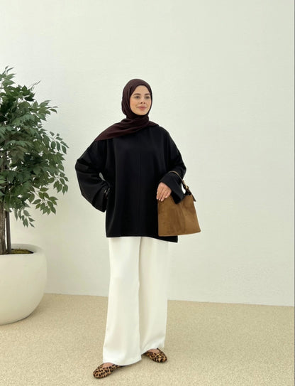Belted Wide sleeve sweatshirt without side slit (black)