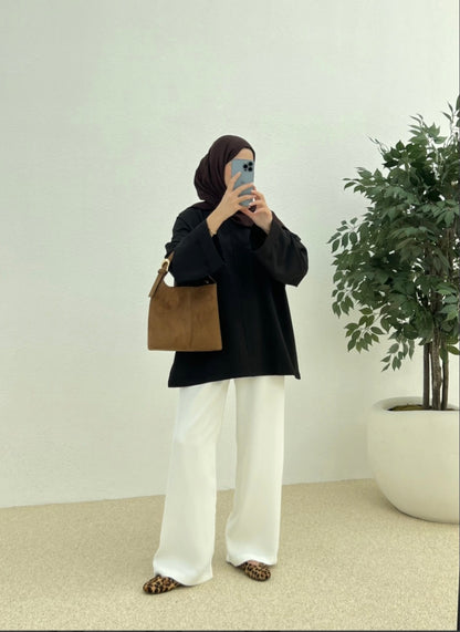 Belted Wide sleeve sweatshirt without side slit (black)