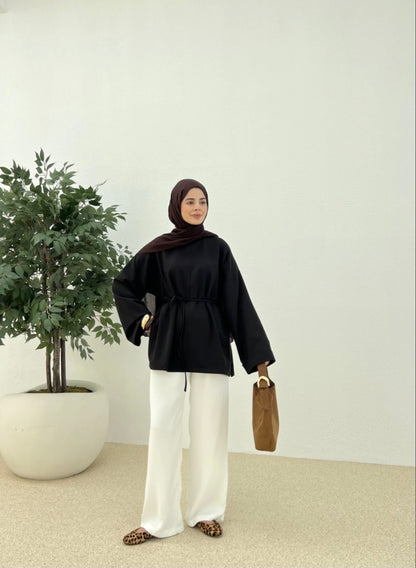 Belted Wide sleeve sweatshirt without side slit (black)