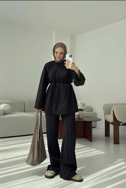 Belted Wide sleeve blouse Wide leg pants cotton fabric tracksuit - black