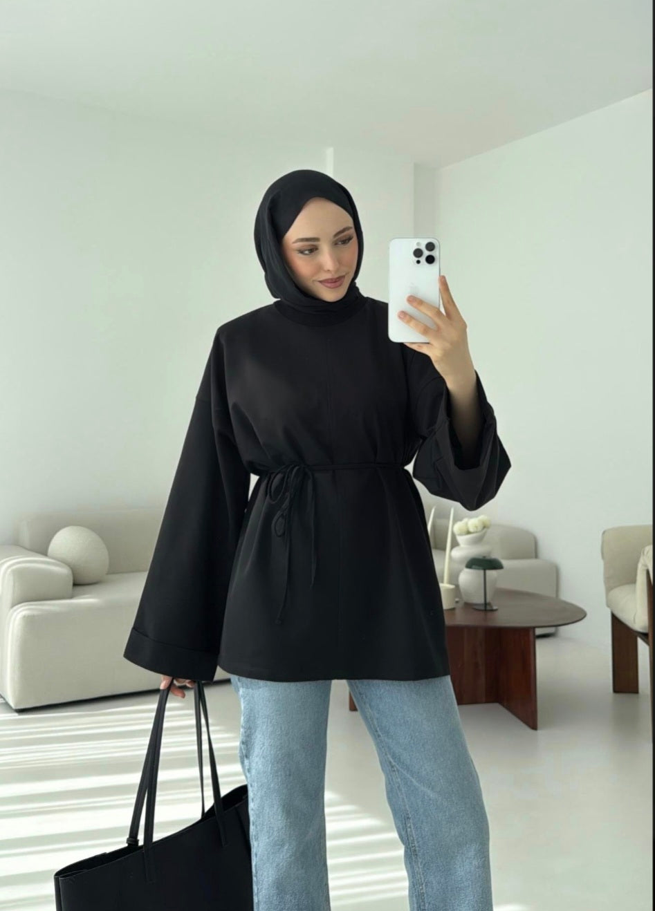 Belted Wide sleeve sweatshirt without side slit (black)