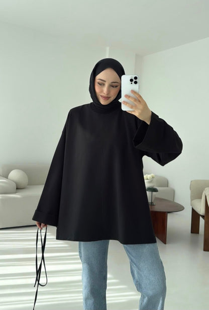 Belted Wide sleeve sweatshirt without side slit (black)