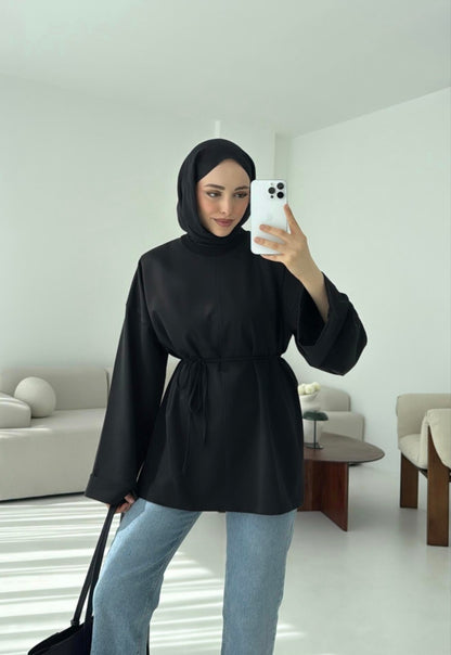 Belted Wide sleeve sweatshirt without side slit (black)