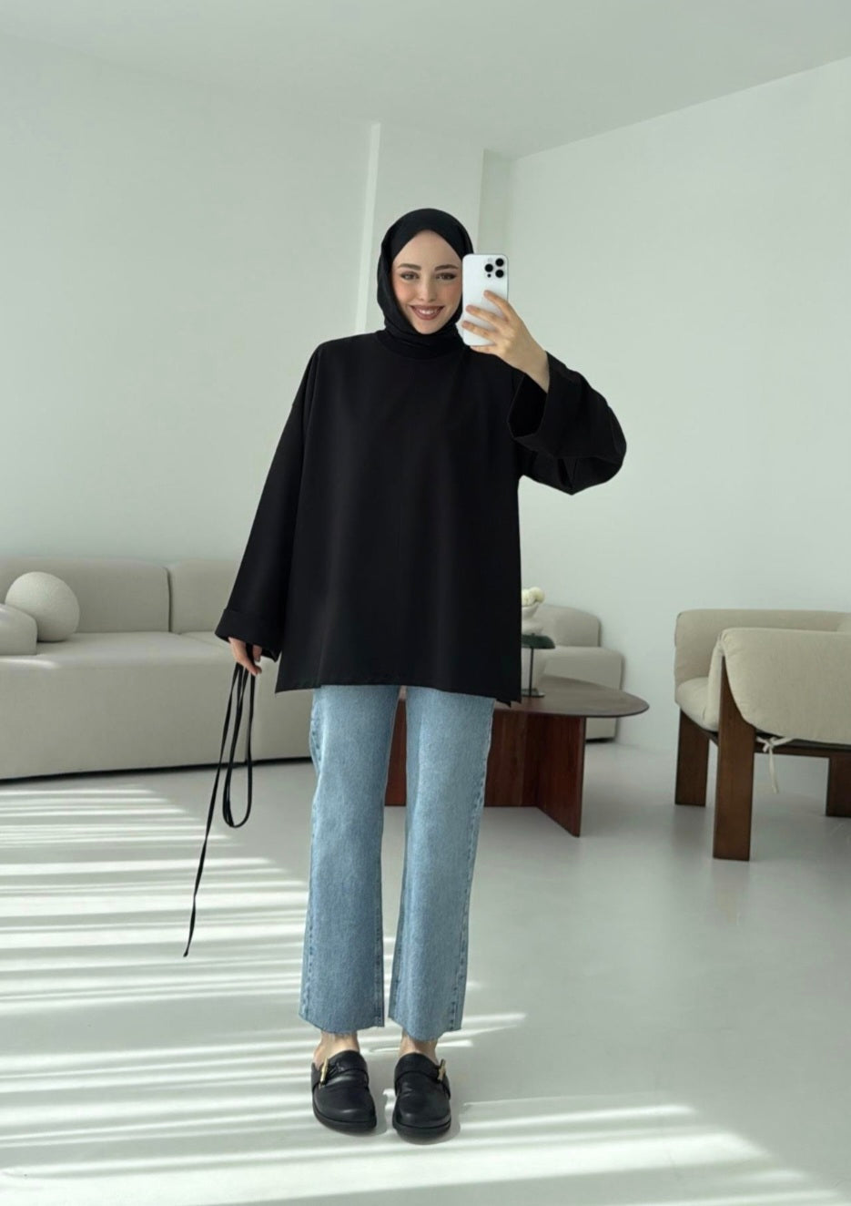 Belted Wide sleeve sweatshirt without side slit (black)