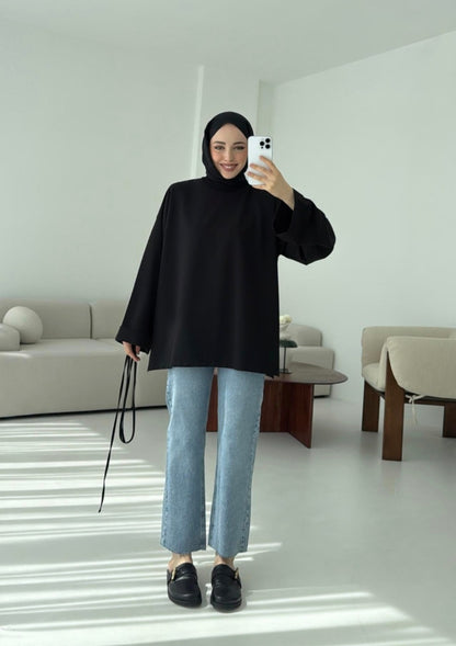 Belted Wide sleeve sweatshirt without side slit (black)