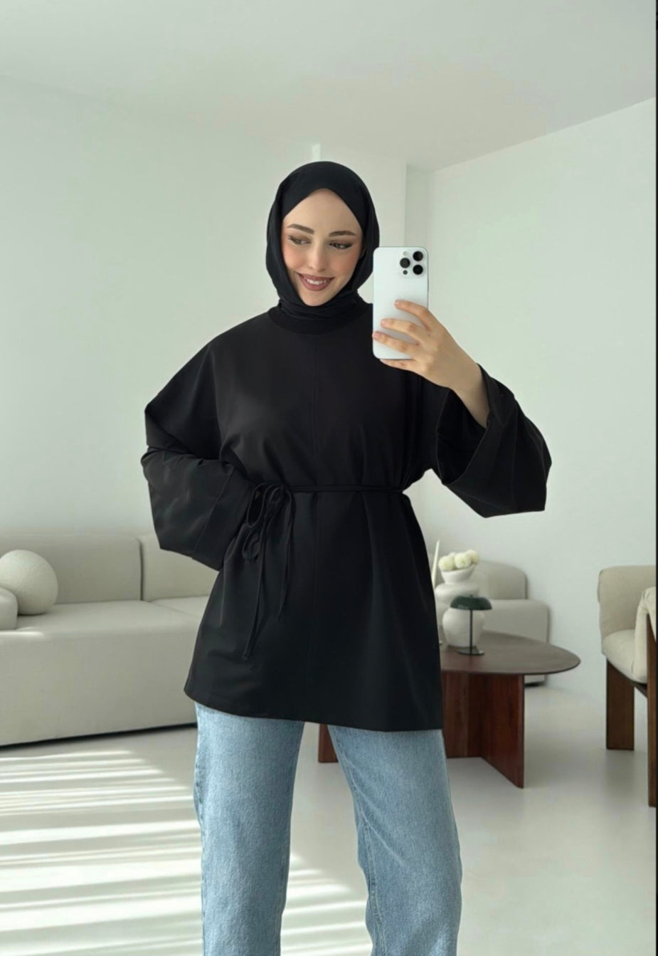 Belted Wide sleeve sweatshirt without side slit (black)