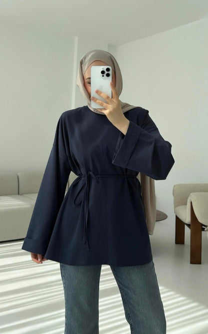 Belted Wide sleeve sweatshirt without side slit (navy blue)