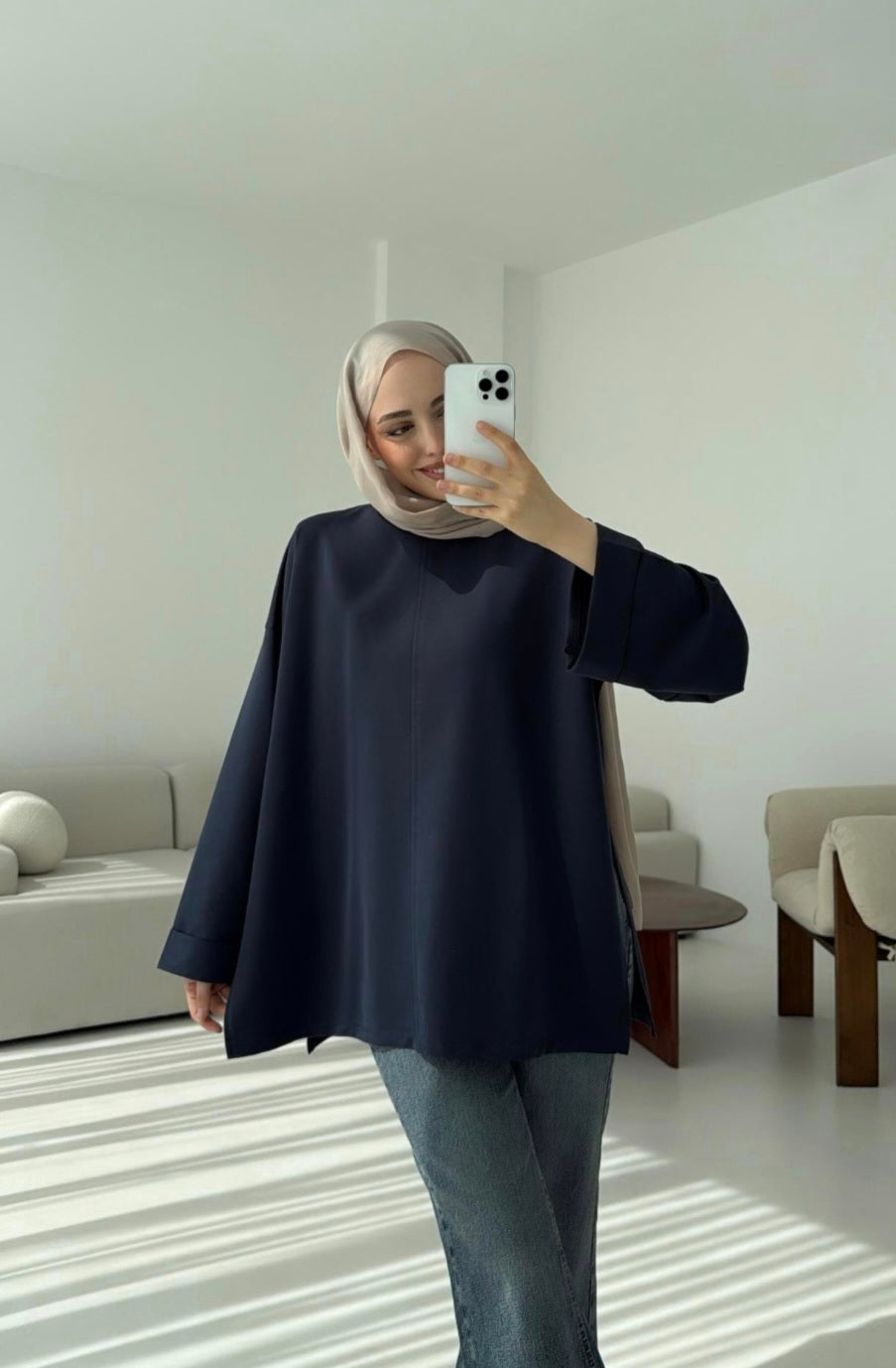 Belted Wide sleeve sweatshirt without side slit (navy blue)