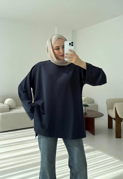 Belted Wide sleeve sweatshirt without side slit (navy blue)