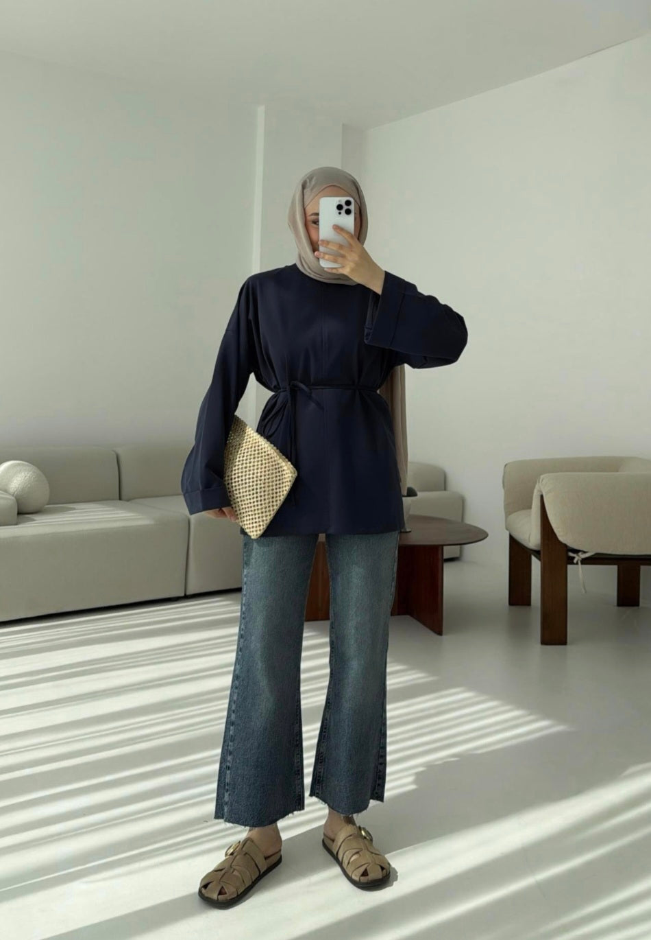 Belted Wide sleeve sweatshirt without side slit (navy blue)