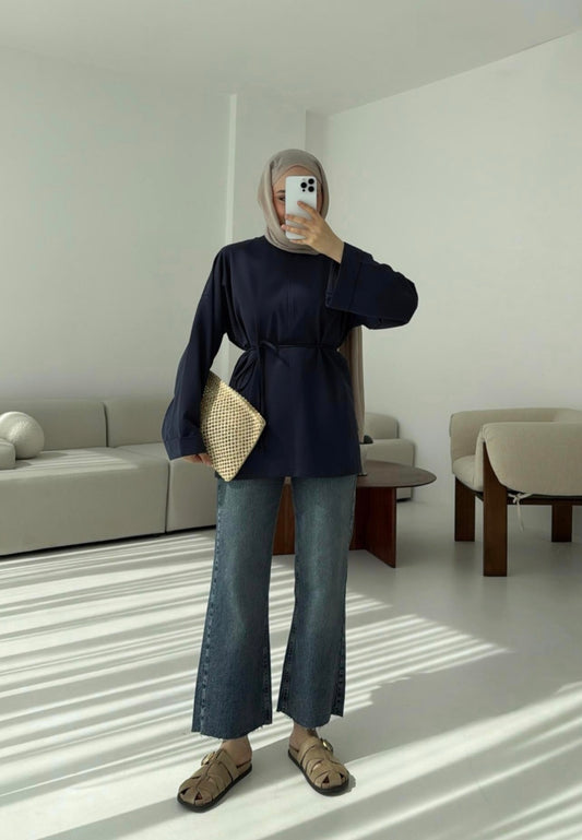 Belted Wide sleeve sweatshirt without side slit (navy blue)