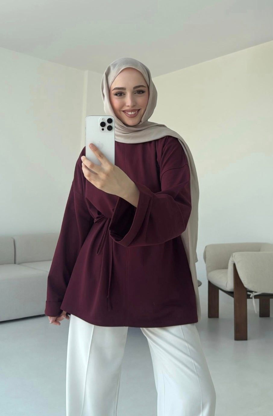 Belted Wide sleeve sweatshirt without side slit (burgundy)