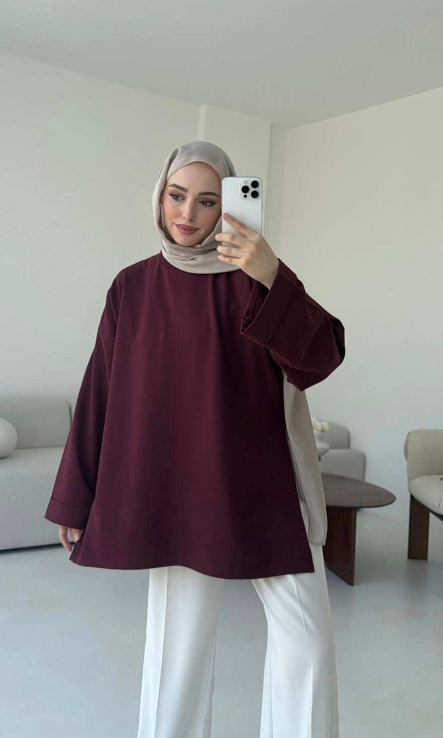 Belted Wide sleeve sweatshirt without side slit (burgundy)