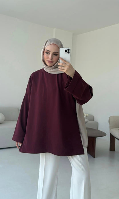 Belted Wide sleeve sweatshirt without side slit (burgundy)
