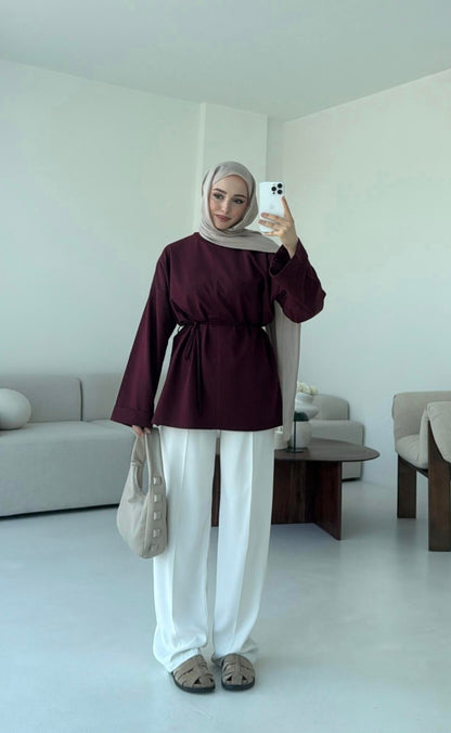 Belted Wide sleeve sweatshirt without side slit (burgundy)