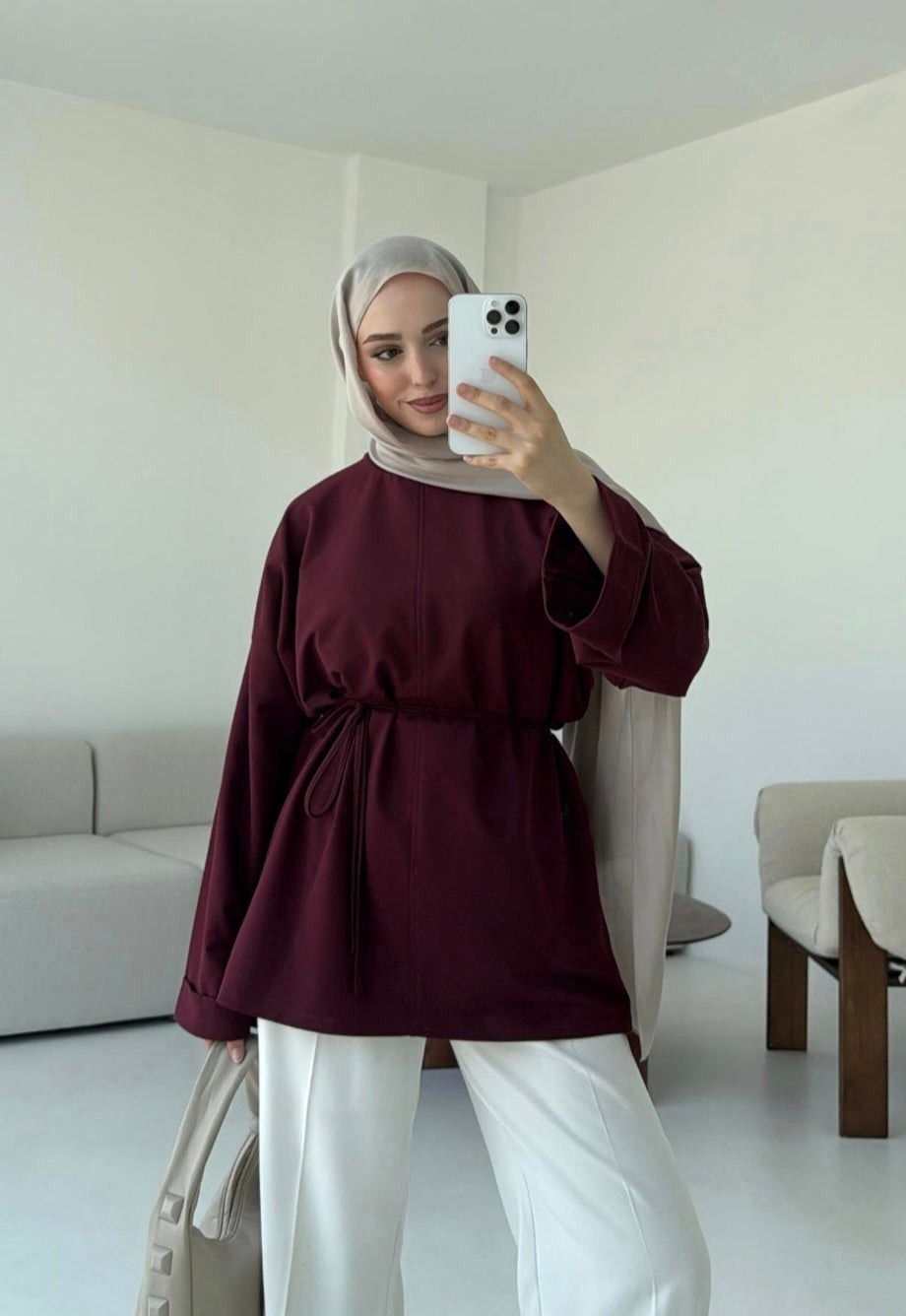 Belted Wide sleeve sweatshirt without side slit (burgundy)