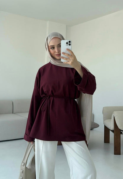 Belted Wide sleeve sweatshirt without side slit (burgundy)