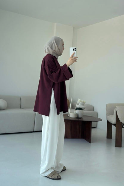Belted Wide sleeve sweatshirt without side slit (burgundy)