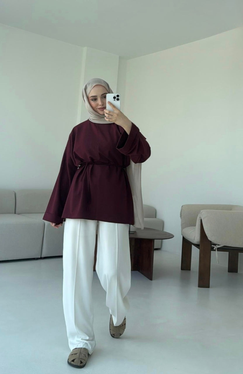 Belted Wide sleeve sweatshirt without side slit (burgundy)