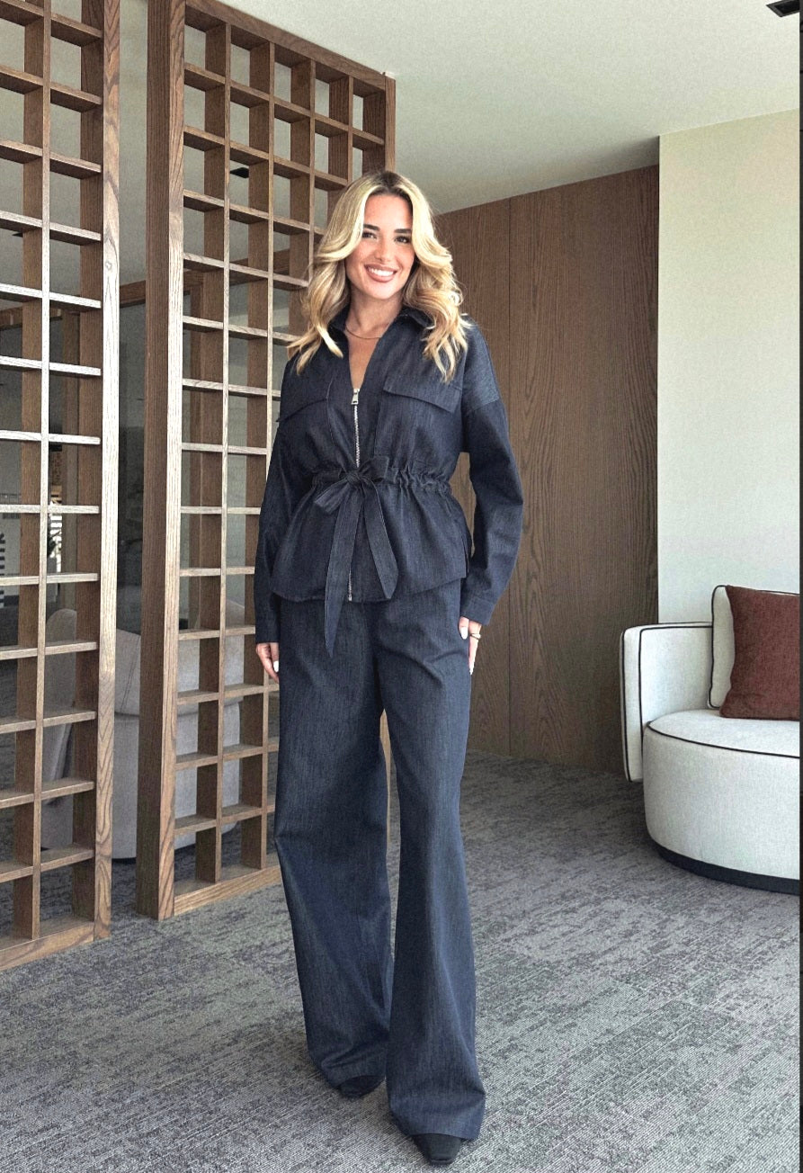 Navy Blue Waist Drawstring Denim Suit