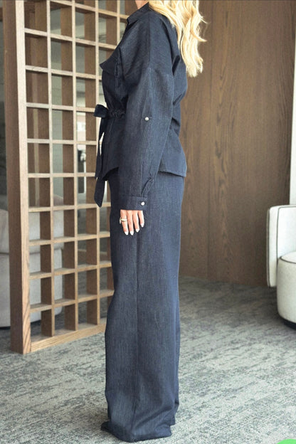 Navy Blue Waist Drawstring Denim Suit