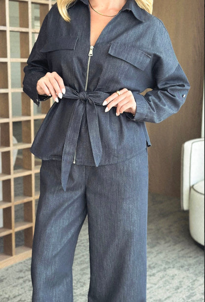 Navy Blue Waist Drawstring Denim Suit