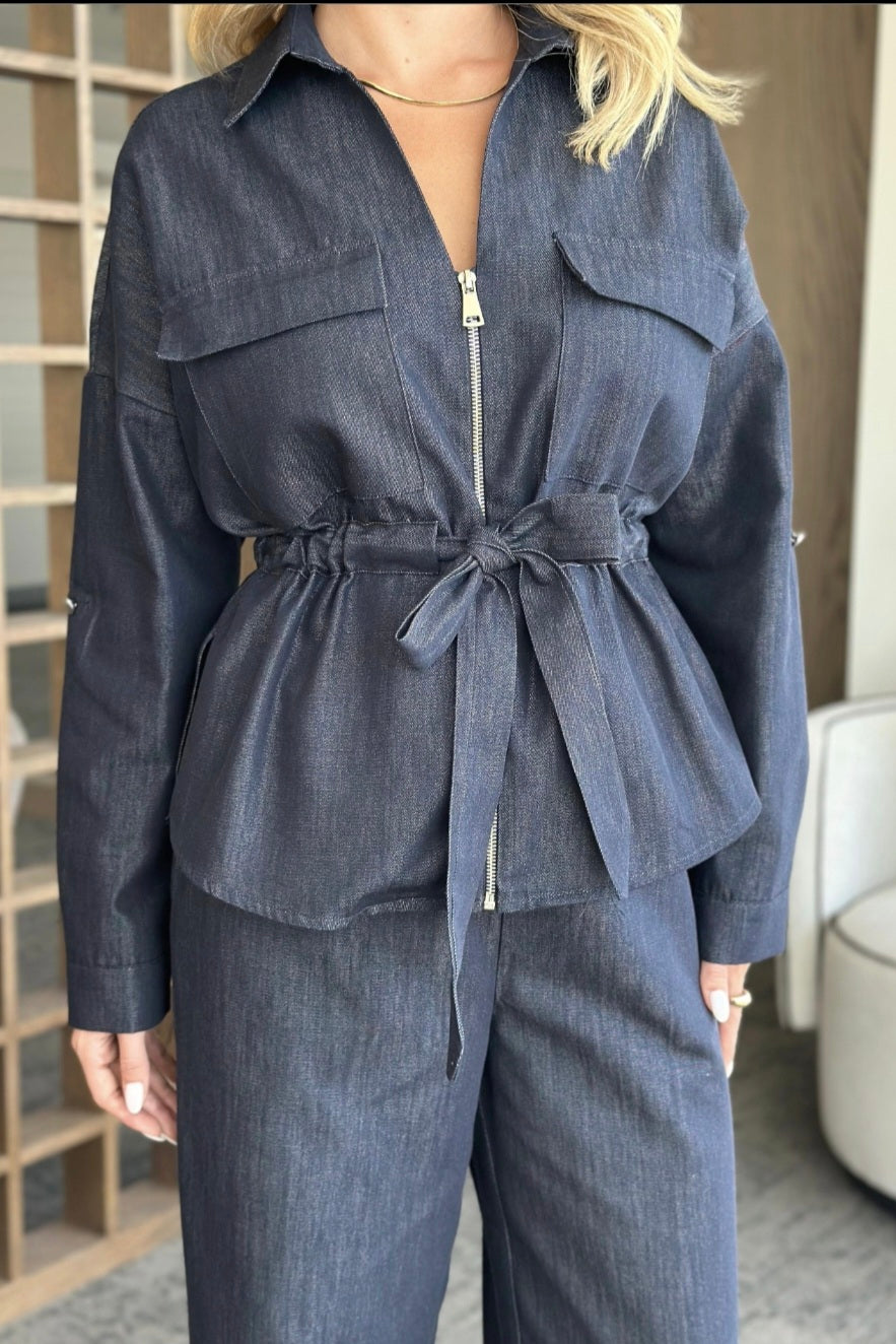 Navy Blue Waist Drawstring Denim Suit