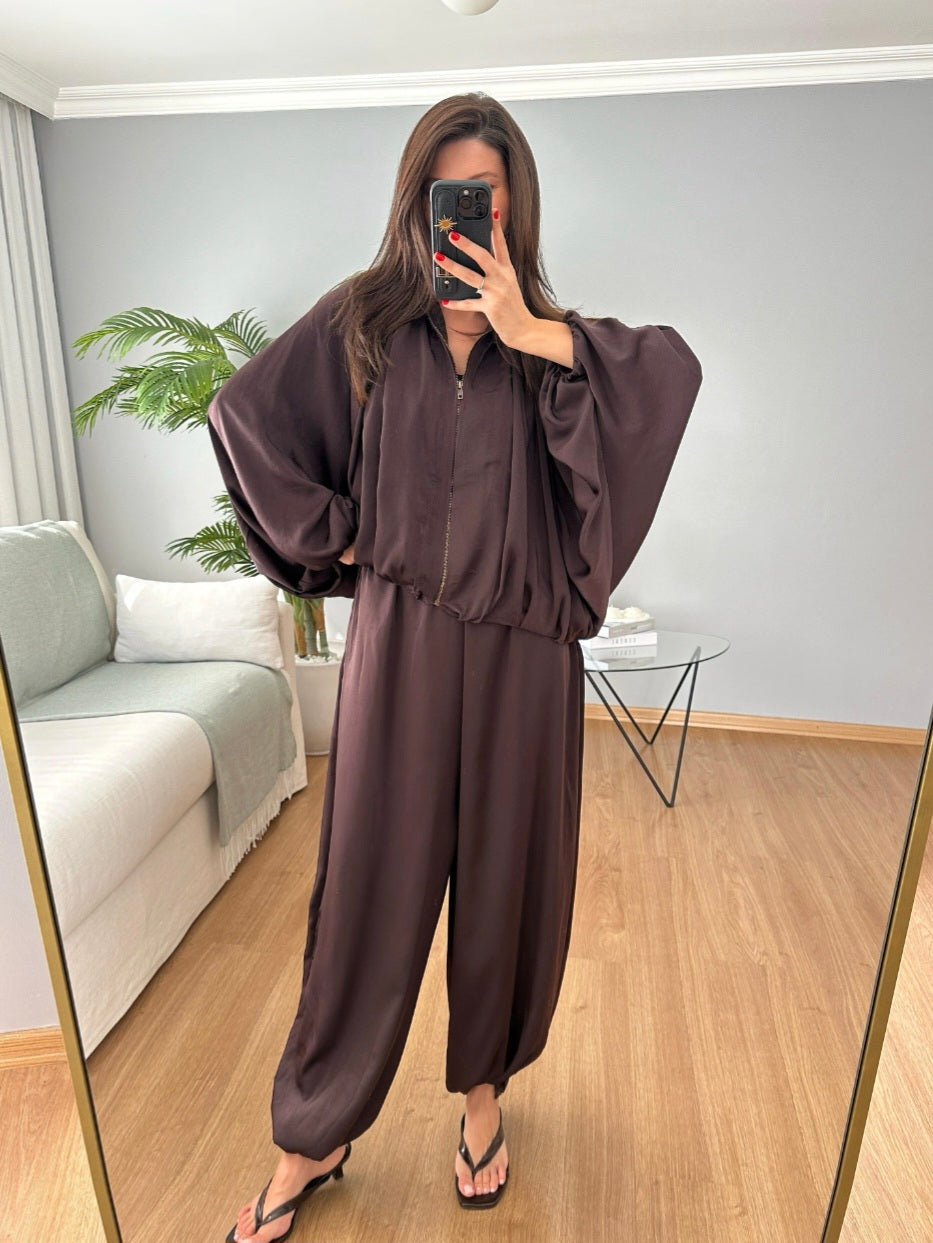 oversized satin bomber, waistband balloon leg trouser with strap co-ord set
