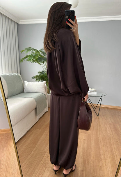 oversized satin bomber, waistband balloon leg trouser with strap co-ord set