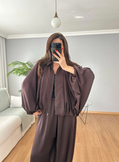 oversized satin bomber, waistband balloon leg trouser with strap co-ord set