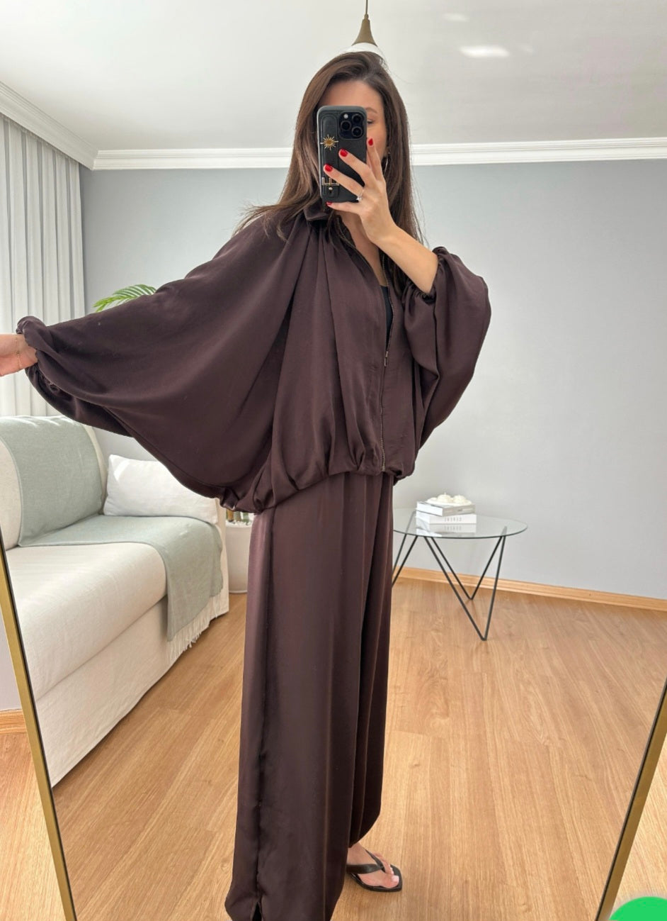 oversized satin bomber, waistband balloon leg trouser with strap co-ord set