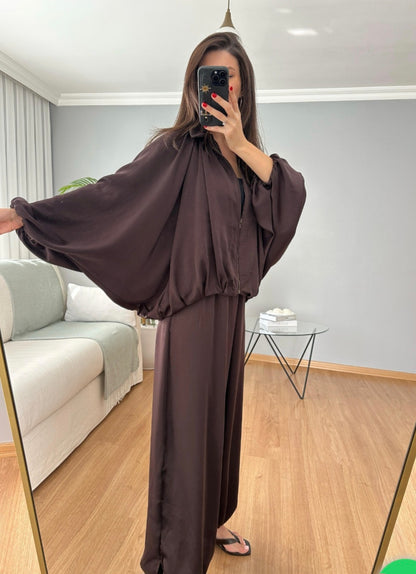 oversized satin bomber, waistband balloon leg trouser with strap co-ord set