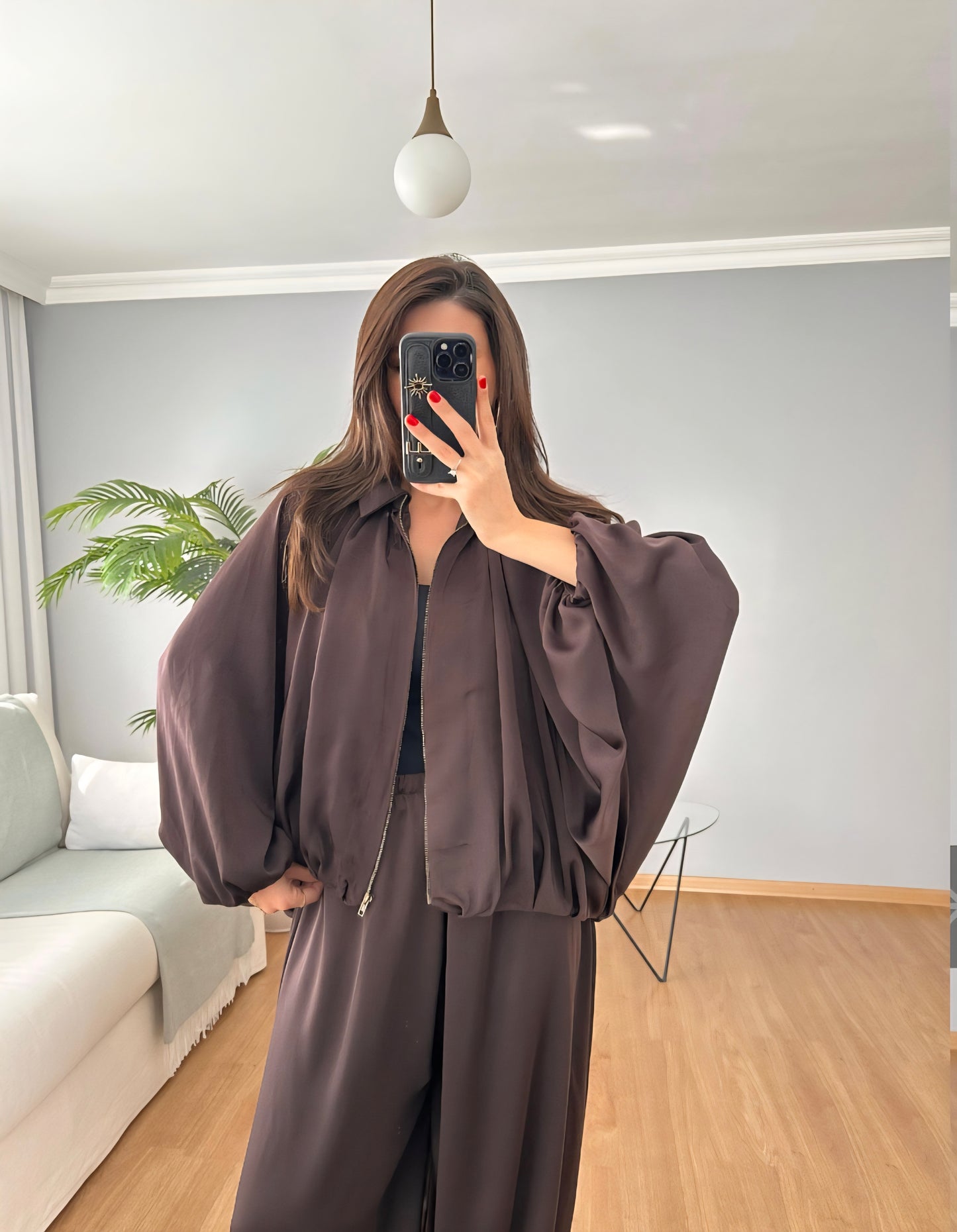 oversized satin bomber, waistband balloon leg trouser with strap co-ord set