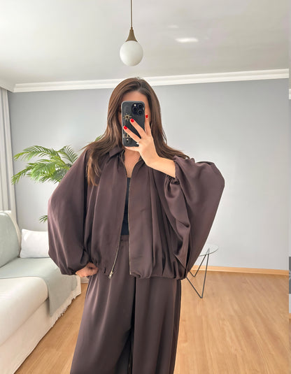 oversized satin bomber, waistband balloon leg trouser with strap co-ord set