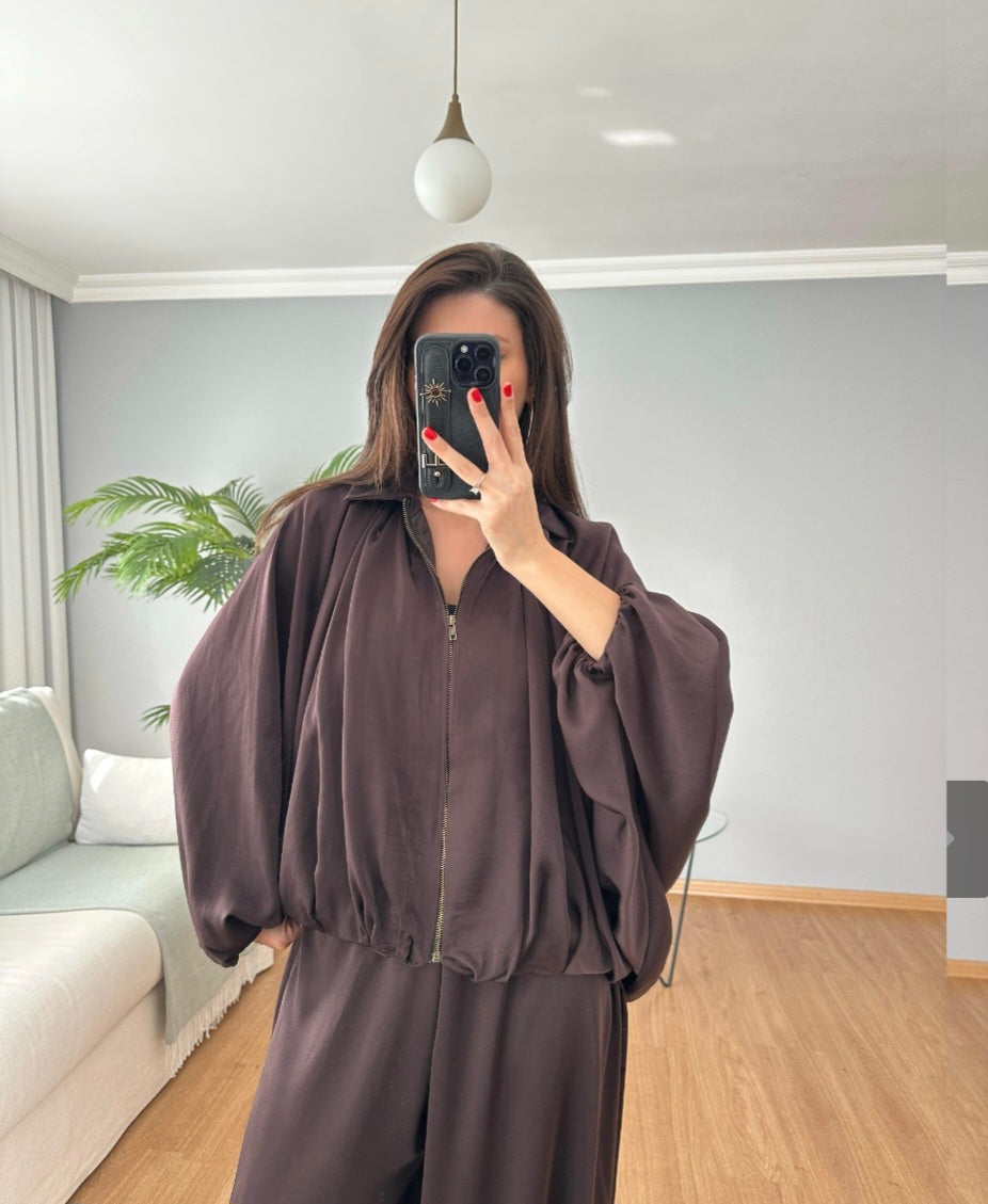 oversized satin bomber, waistband balloon leg trouser with strap co-ord set
