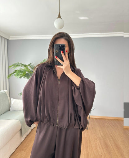 oversized satin bomber, waistband balloon leg trouser with strap co-ord set