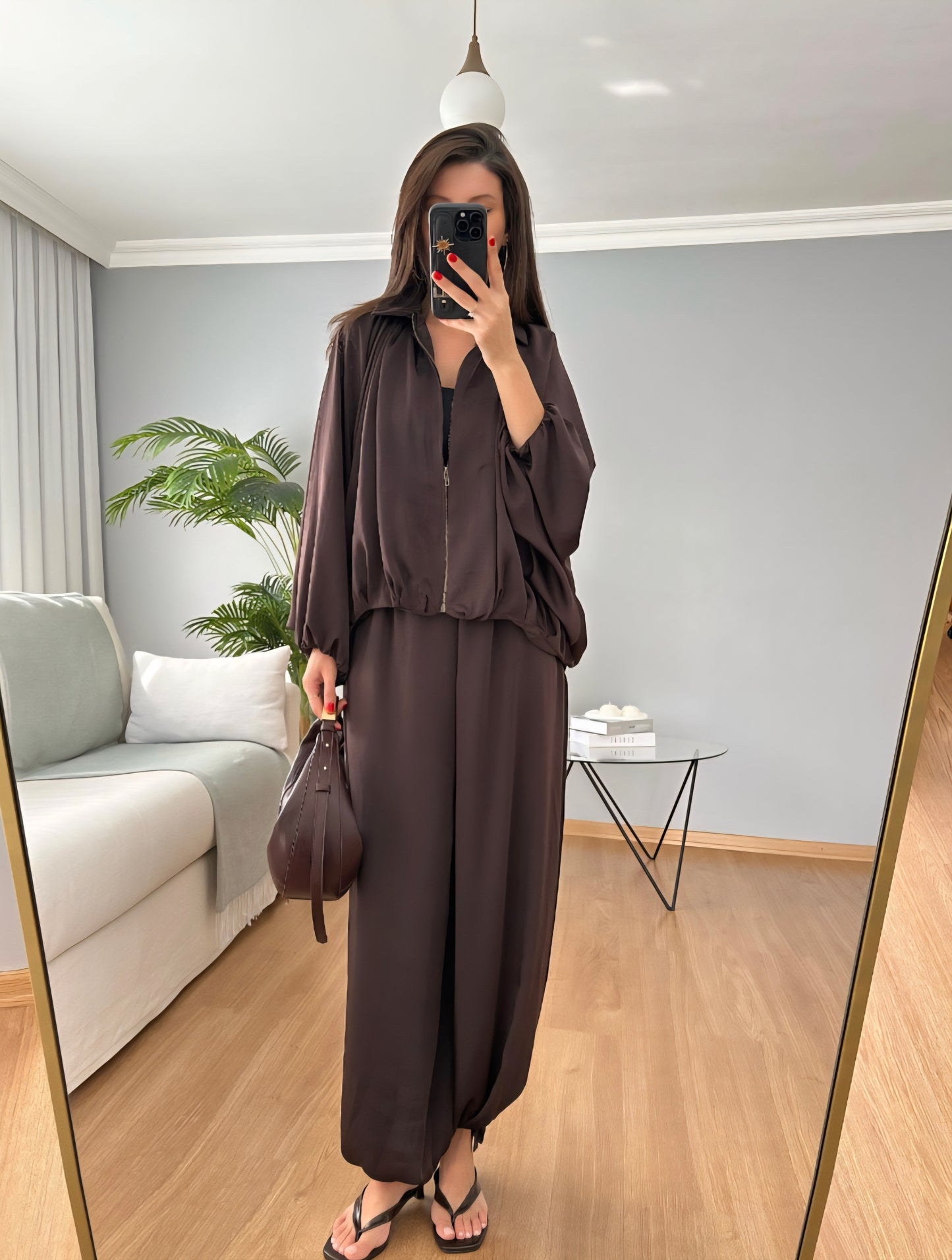 oversized satin bomber, waistband balloon leg trouser with strap co-ord set
