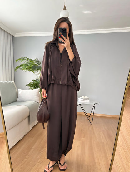 oversized satin bomber, waistband balloon leg trouser with strap co-ord set