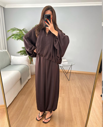 oversized satin bomber, waistband balloon leg trouser with strap co-ord set