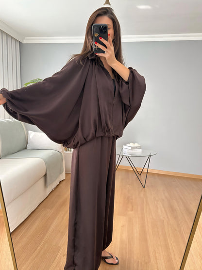 oversized satin bomber, waistband balloon leg trouser with strap co-ord set