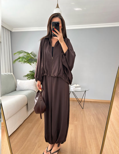 oversized satin bomber, waistband balloon leg trouser with strap co-ord set