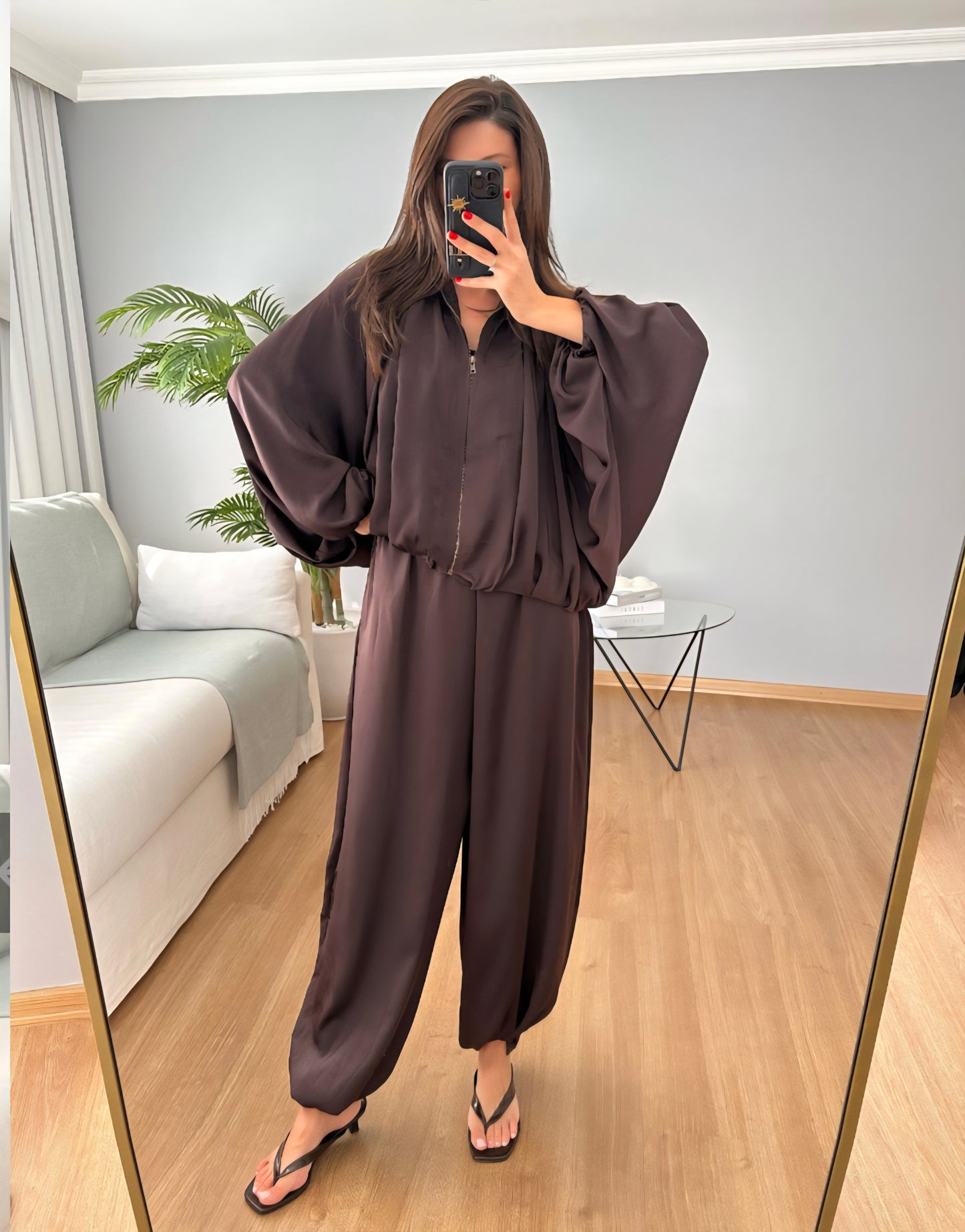 oversized satin bomber, waistband balloon leg trouser with strap co-ord set