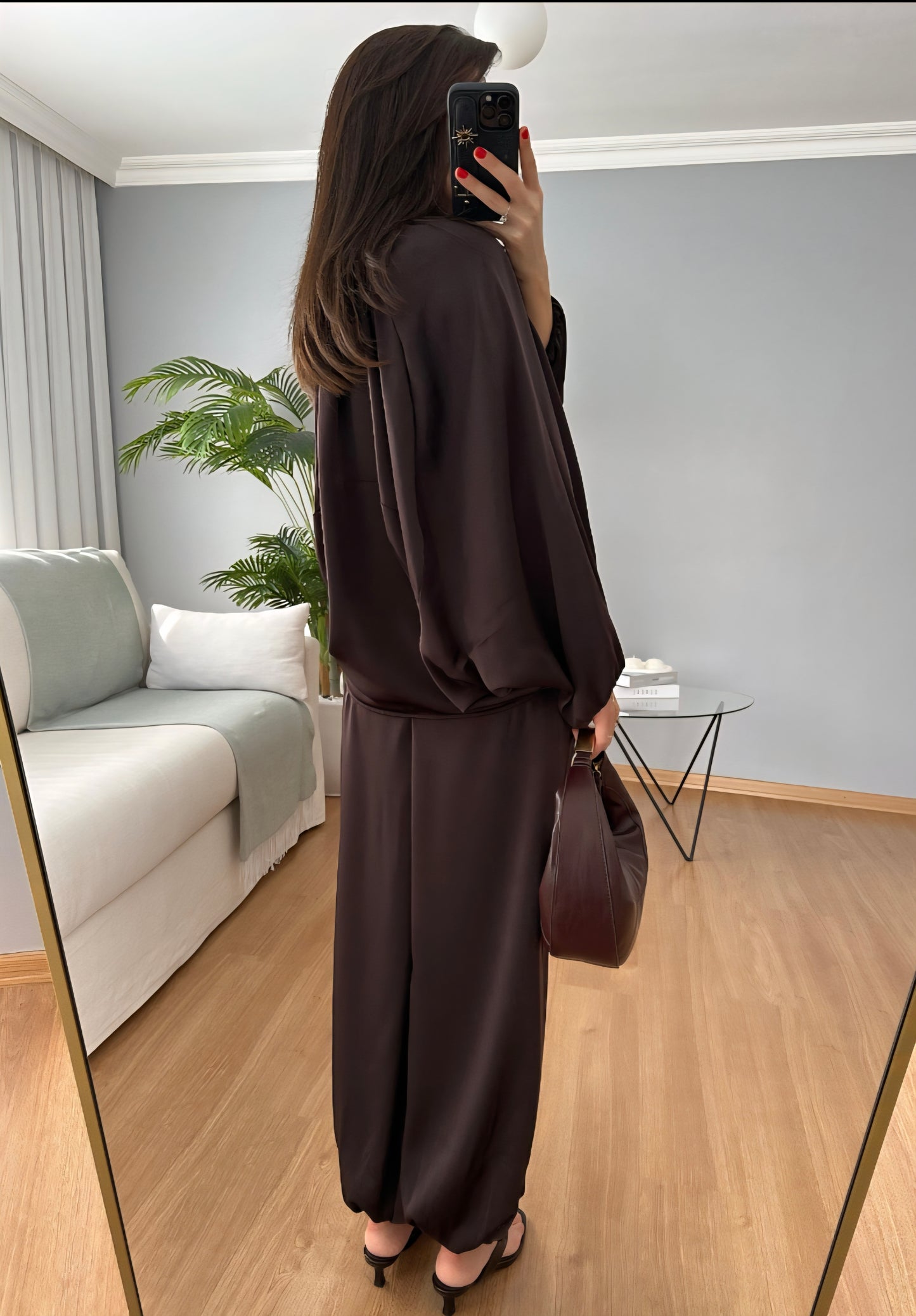 oversized satin bomber, waistband balloon leg trouser with strap co-ord set