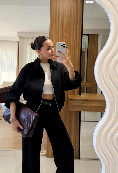 Bomber jacket with belted trouser co-ord set