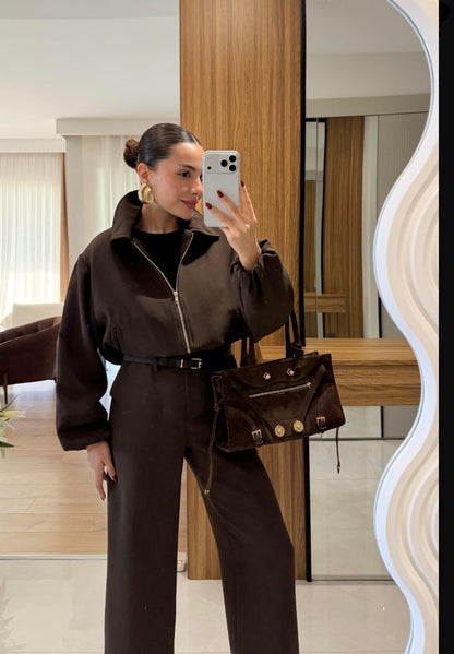 Bomber jacket with belted trouser co-ord set